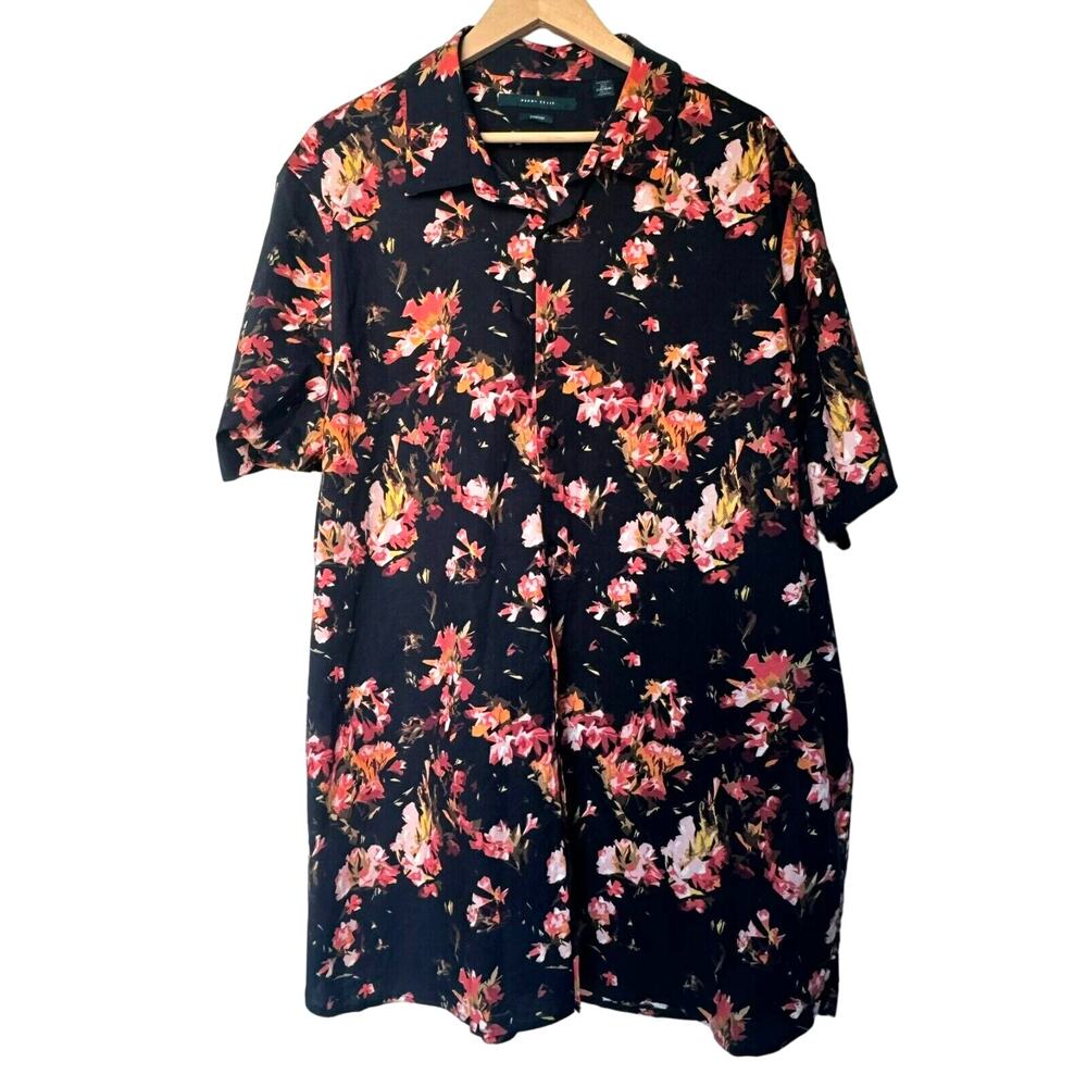 PERRY ELLIS NWT Men's 2XLT Short Sleeve Button Stretch Black Pink Floral‎ Shirt